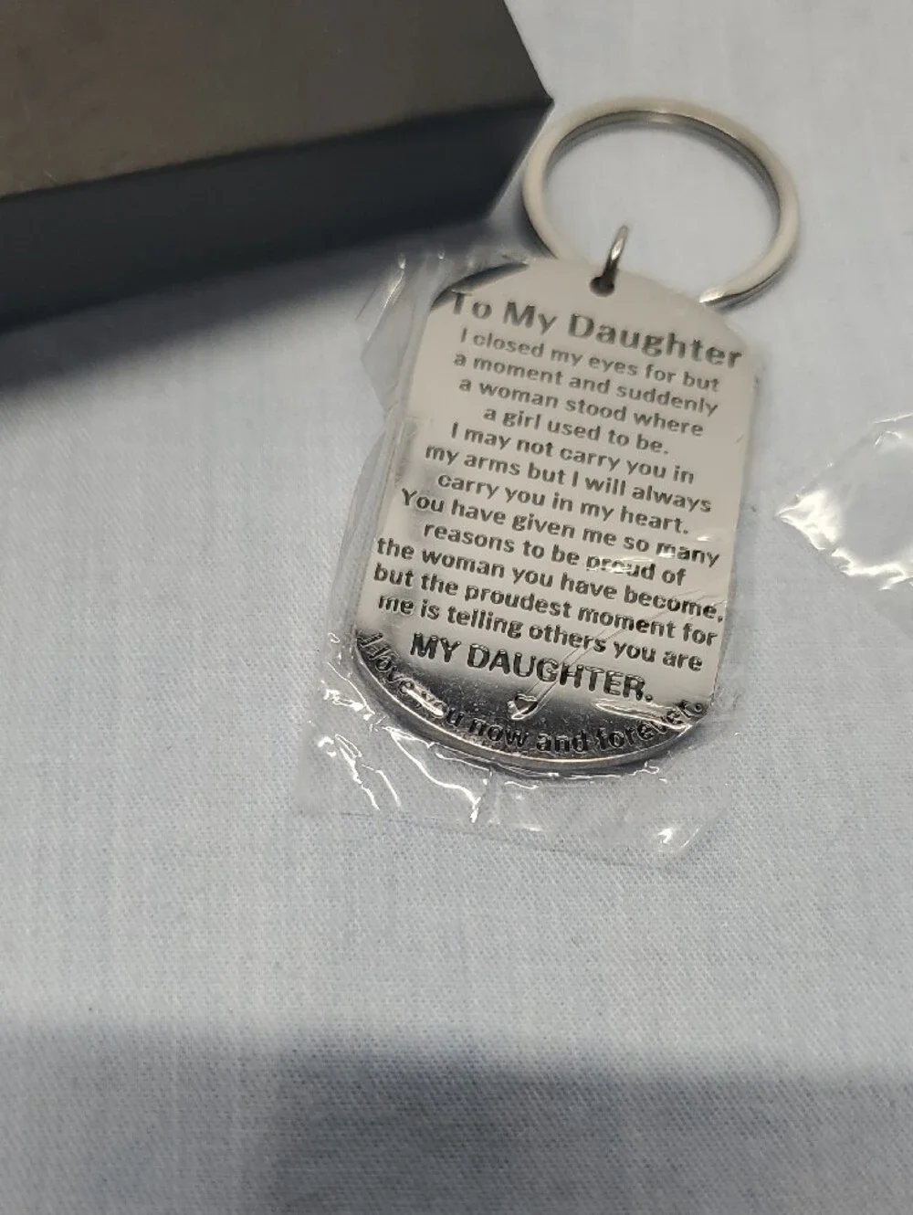 Silver Dog Tag Keychain with Blue Butterfly Charm